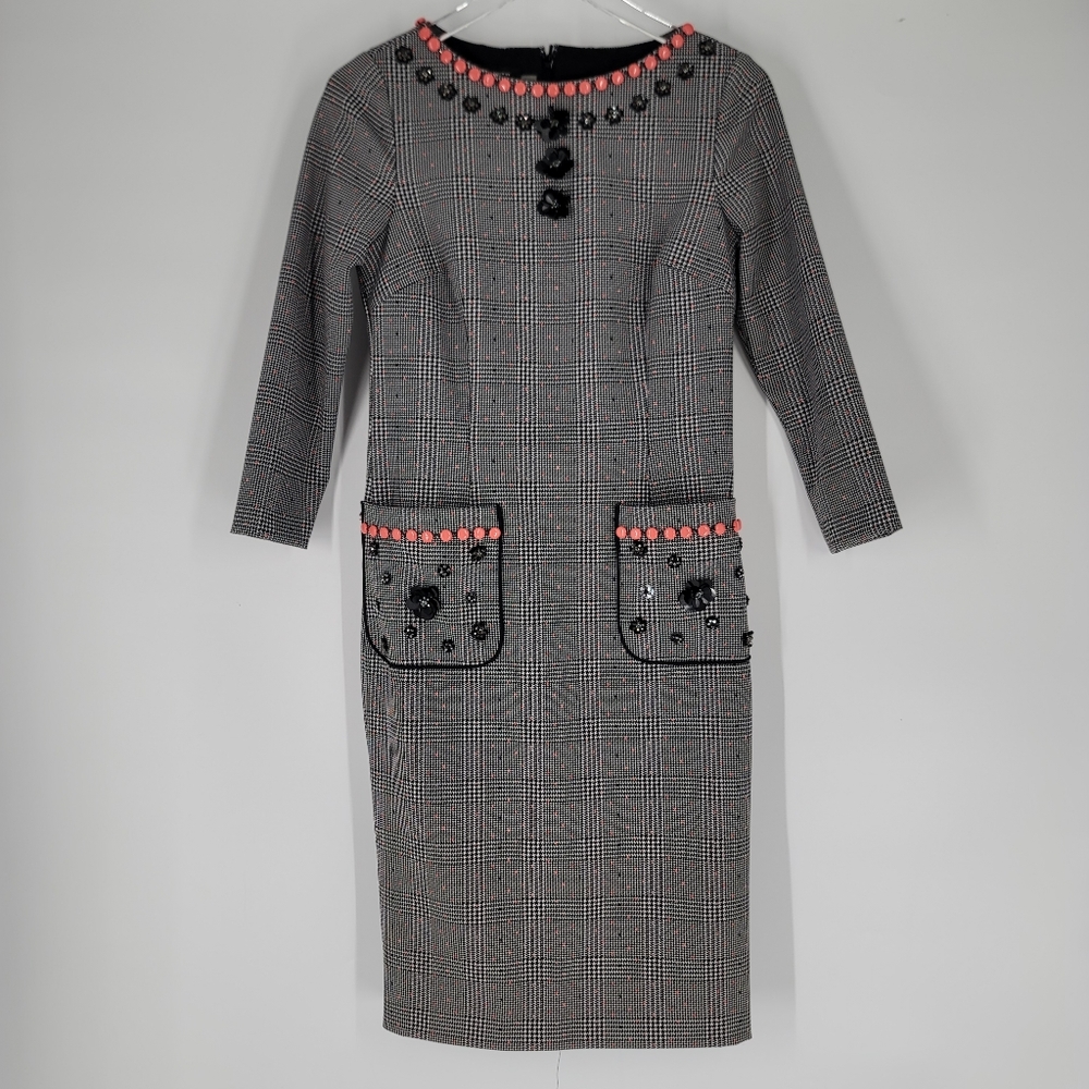 Rickie Freeman Teri Jon Houndstooth Embellished Modest Dress Size 4